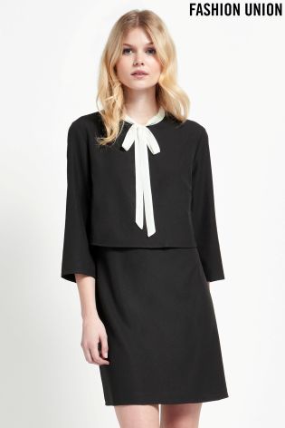 Fashion Union Tie Neck Double Layer Dress With